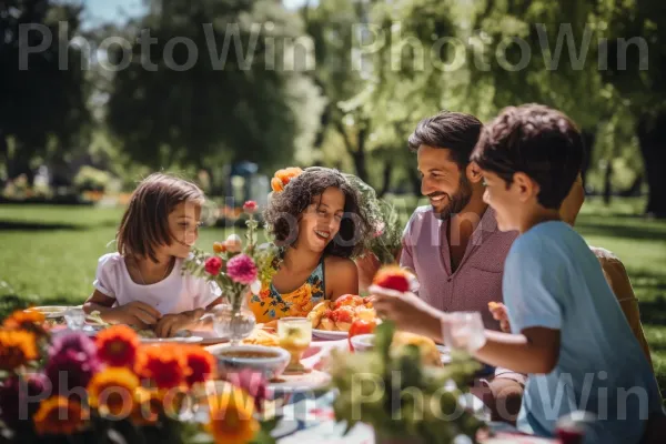 פיקניק משפחתי משמח בפארק, שיתוף צחוק ואוכל. פֶּרַח, בּוֹטָנִיקָה, עֵץ