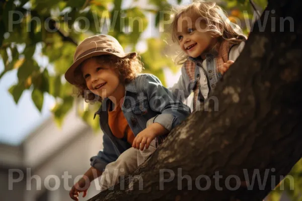 שני ילדים בני 6 מטפסים על עץ, נהנים אחר צהריים חסר דאגות. חיוך, שַׂמֵחַ, ענף