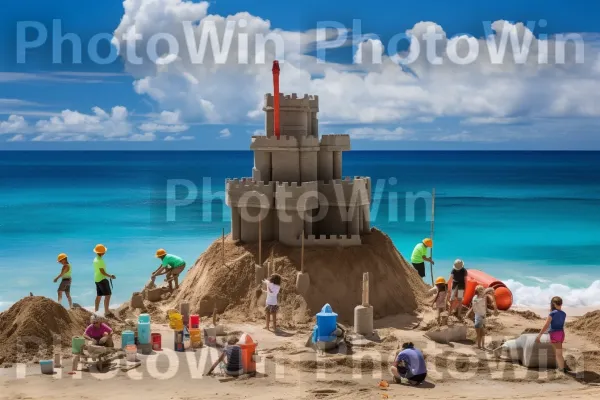 קבוצת ילדים בונה ארמונות חול על חוף חולי (גילאי 9-12). ענן, סביבה טבעית, בִּניָן