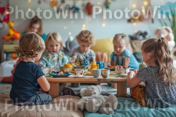 סצנה מחממת לב של ילדים עורכים מסיבת תה עם הממולאים האהובים עליהם. מזון, כלי שולחן, פָּעוֹט