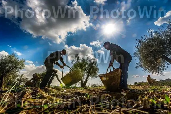 חקלאים מסיק זיתים באזור הגליל, ממדינת ישראל. ענן, אנשים בטבע, צִמחִיָה