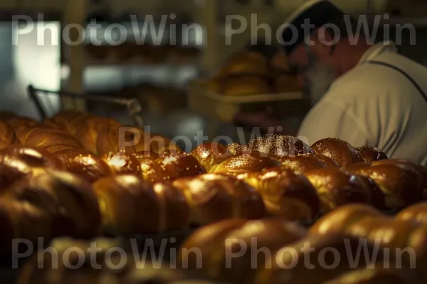 אופה מכין לחם חלה טרי, קרום זהוב נוצץ, ממדינת ישראל. מִטְבָּח, מַרכִּיב, מזון מלא