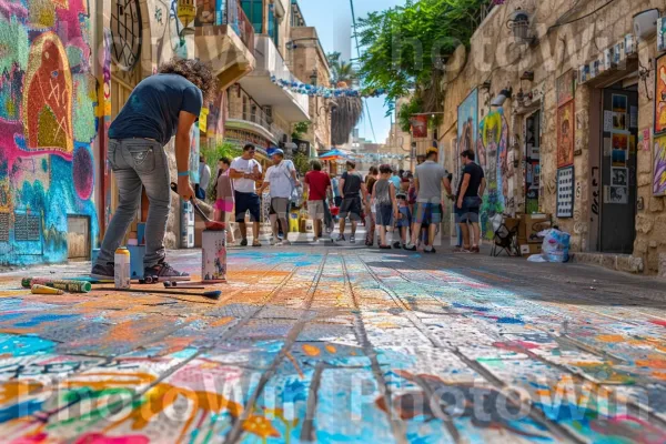 אמן רחוב מצייר ציור קיר בעיר העתיקה של יפו, ממדינת ישראל. בִּניָן, צבע תכלת, פְּנַאִי