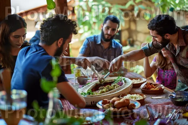 קבוצת חברים חולקת ארוחה מסורתית, טעמים מתאחדים, ממדינת ישראל. מזון, מִטְבָּח, צַלַחַת