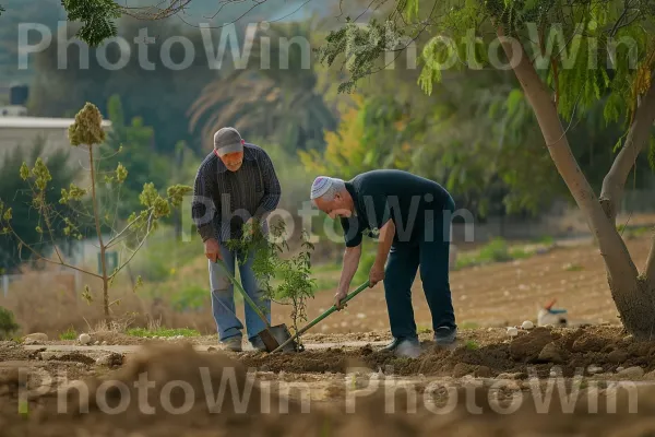 זוג מבוגרים נוטע עצים בקיבוץ, ממדינת ישראל. צמח, חַקלאַי, כלי גינה