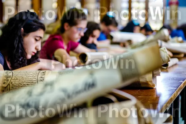 תלמידים הלומדים טקסטים עתיקים, ממדינת ישראל. עץ, אידיופון, פְּנַאִי