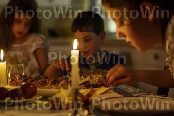 משפחה חולקת ארוחת שבת ביחד, ממדינת ישראל. מזון, נר, נר יום הולדת