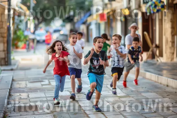 ילדים משחקים ברחובות תל אביב, ממדינת ישראל. מִכְנָסַיִים קְצָרִים, חיוך, פְּנַאִי