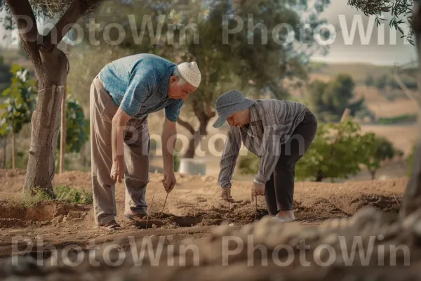 זוג מבוגרים נוטע עצים בקיבוץ, ממדינת ישראל. חַקלאַי, צמח עצי, דֶשֶׁא