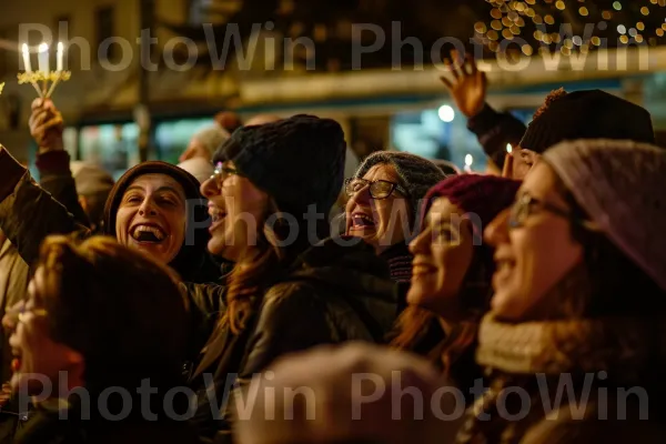 טקס הדלקת חנוכייה בכיכר העיר, שירה משמחת, ממדינת ישראל. מחווה, קבוצה חברתית, כֵּיף