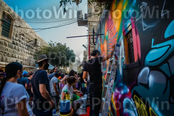 אמן צעיר מצייר ציור קיר תוסס, רקע רחוב עירוני, ממדינת ישראל. בִּניָן, שָׁמַיִם, כְּחוֹל