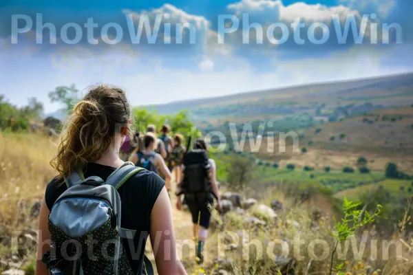 קבוצת חברים מטיילת ברמת הגולן, ממדינת ישראל. צמח, קהילת צמחים, מזוודות ותיקים