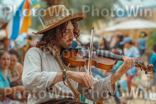 מוזיקאי מנגן מוזיקה ישראלית מסורתית בפארק בעכו ממדינת ישראל. כובע, משפחת כינורות, כובע שמש