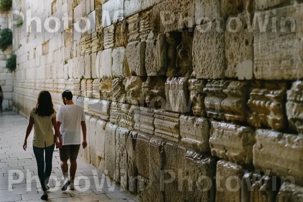 זוג צועד יד ביד בכותל, ממדינת ישראל. מִכְנָסַיִים קְצָרִים, עִיר, עץ