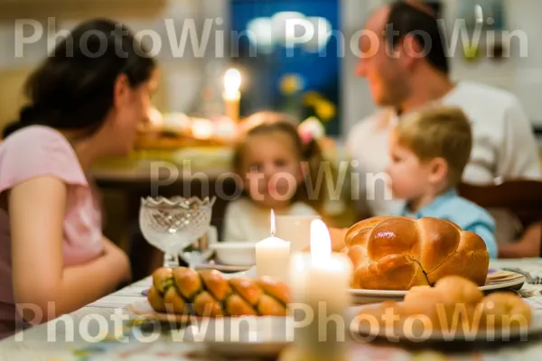 משפחה נהנית יחד מארוחת שבת מסורתית ממדינת ישראל. מזון, כלי שולחן, נר