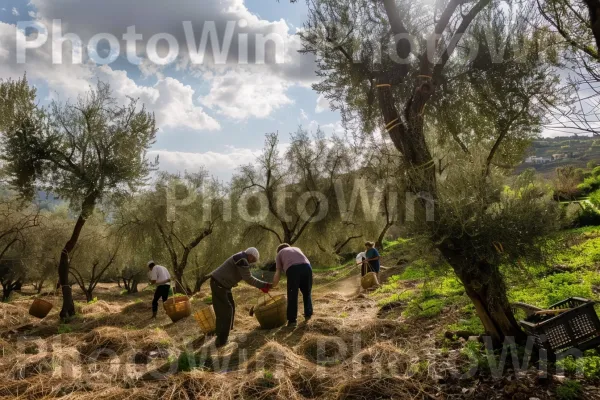 חקלאים מסיק זיתים באזור הגליל, ממדינת ישראל. צמח, שָׁמַיִם, אנשים בטבע