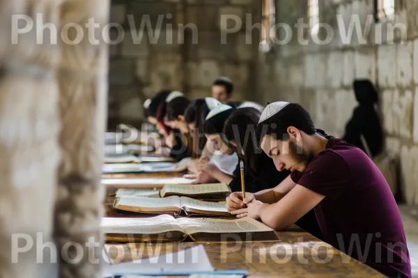 קבוצת תלמידים הלומדים טקסטים עבריים עתיקים בירושלים, ממדינת ישראל. שולחן, שׁוּלְחָן כְּתִיבָה, פְּנַאִי