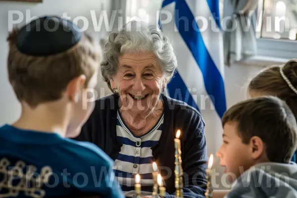 סבתא מספרת סיפורים לנכדים, חיוכים מסביב, ממדינת ישראל. נר, אינטראקציה, חולצה קצרה