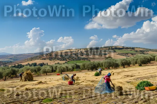 חקלאים מסיק זיתים בגבעות הזהב של הגליל, ממדינת ישראל. ענן, צמח, אזור אקולוגי