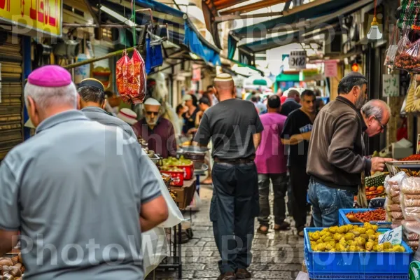 בעלי חנויות מתמקחים על מחירים בשוק הכרמל התוסס, ממדינת ישראל. צרכן, קמעונאות, קניות