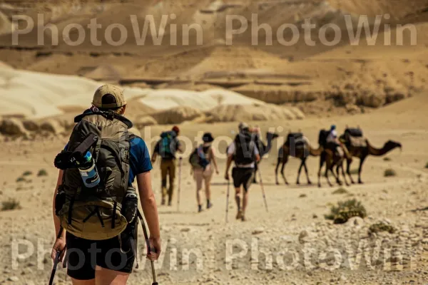 קבוצת מטיילים מטיילים במדבר הנגב, ממדינת ישראל. סביבה טבעית, ציוד טיולים, נוֹף