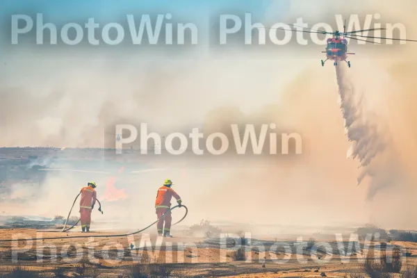 לוחמי אש נלחמים בשריפת יער בנגב, ממדינת ישראל. מטוסי רוטור, זיהום, אנשים בטבע