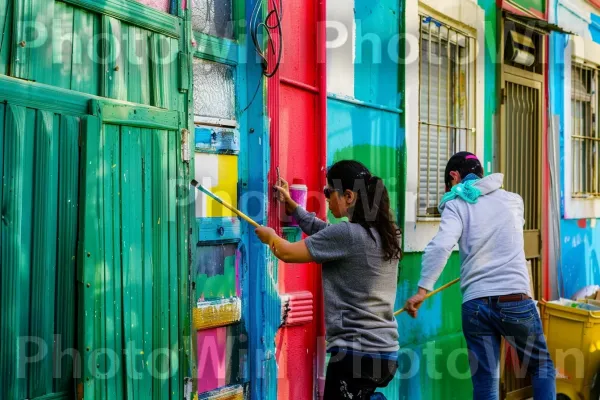 אמנים צובעים את הקירות הצבעוניים של חיפה, ממדינת ישראל. חַלוֹן, כְּחוֹל, שְׁכוּנָה