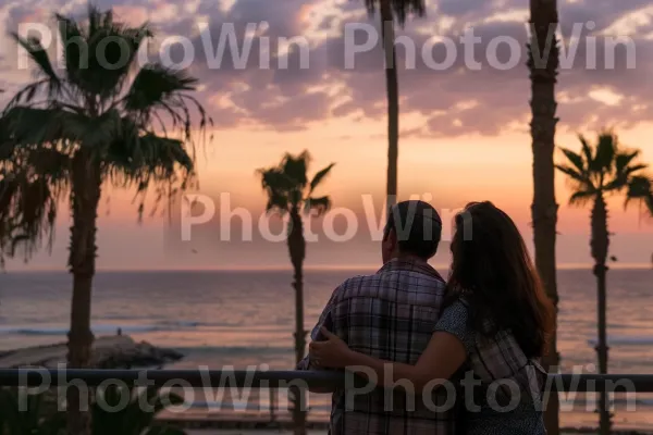 זוג צופה בשקיעה מעל הים התיכון, ממדינת ישראל. ענן, אוֹר, זוהר לאחר