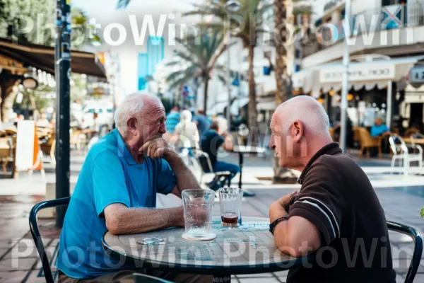 קשישים משוחחים בבית קפה בתל אביב, ממדינת ישראל. רְהִיטִים, כִּסֵא, כלי שולחן