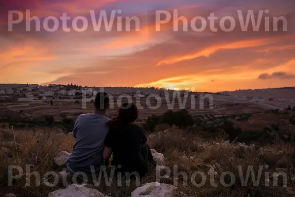 זוג צופה בשקיעה מעל הרי יהודה, ממדינת ישראל. ענן, שָׁמַיִם, אנשים בטבע