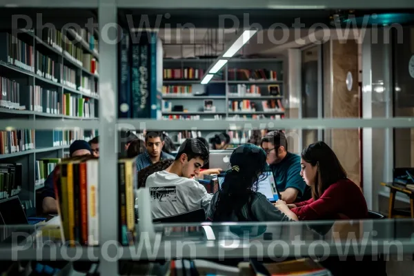 קבוצת סטודנטים הלומדים יחד בספרייה, ממדינת ישראל. מַדָף, צרכן, מדפים