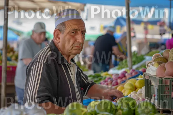 רוכלים המוכרים תוצרת טרייה בשוק הומה, ממדינת ישראל. מזון, מוכר, כובע