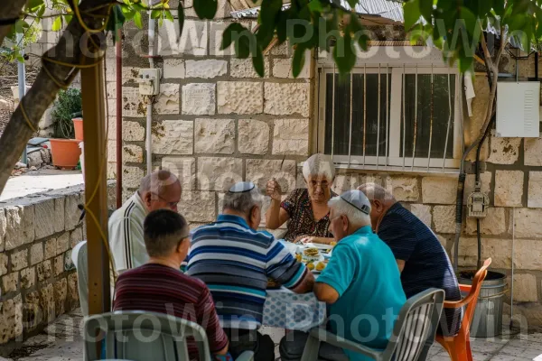 שכנים חולקים ארוחה בכפר קטן, ממדינת ישראל. שְׁעוֹת הַיוֹם, שולחן, צמח