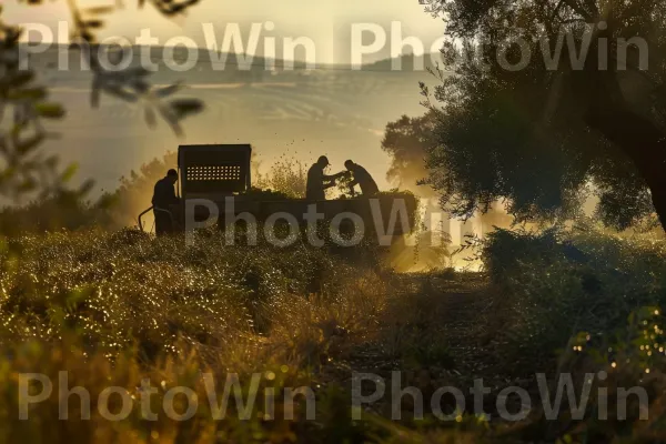 חקלאים מסיק זיתים ברמת הגולן השופעת, ממדינת ישראל. נוף טבעי, שָׁמַיִם, שקיעת החמה