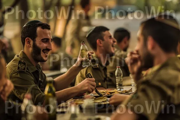 חיילים נהנים מארוחה משותפת בבסיס צה\"ל, ממדינת ישראל. בקבוק, שולחן, משקה אלכוהולי