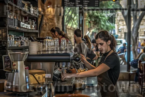 בריסטה מכין קפה בבית קפה תל אביבי, ממדינת ישראל. מוּסִיקָאִי, הַנדָסָה, אירוע