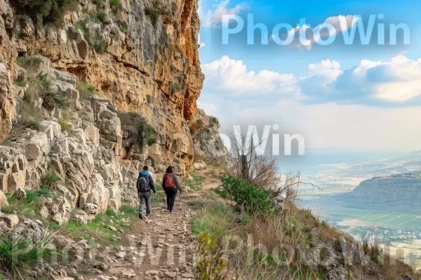 מטיילים מטיילים בשבילי הגליל, ממדינת ישראל. שָׁמַיִם, סלע יסוד, מִדרוֹן