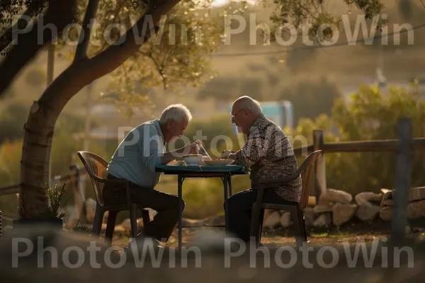 זוג קשישים חולקים ארוחה משותפת, ממדינת ישראל. רְהִיטִים, שולחן, ריהוט גן