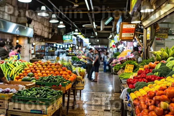 שוק שוקק חיים מלא בפירות וירקות טריים, ממדינת ישראל. מוכר, מזון מלא, מזון בסיסי