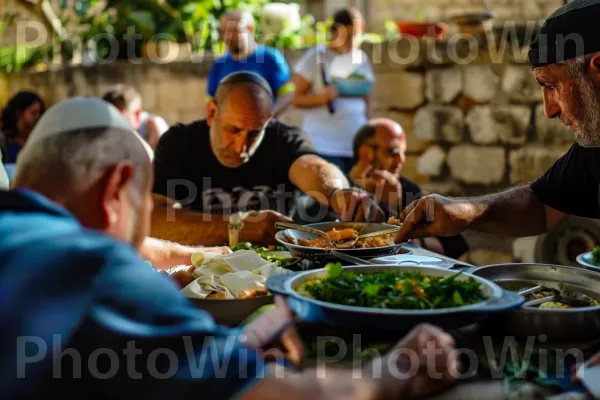 שכנים חולקים ארוחה בכפר קטן, ממדינת ישראל. מזון, צַלַחַת, כובע