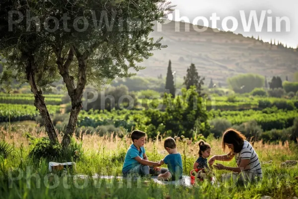 פיקניק משפחתי בשדות הגליל השופעים ממדינת ישראל. צמח, אנשים בטבע, סביבה טבעית