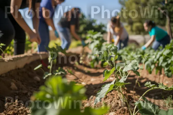 סטודנטים מתנדבים בגינה קהילתית ממדינת ישראל. חַקלָאוּת, אנשים בטבע, הִסתַגְלוּת