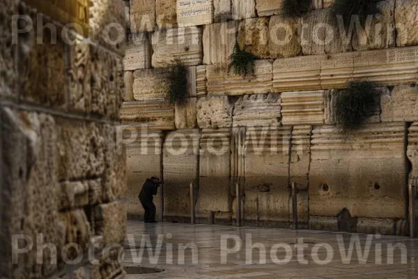 אדם מתפלל בכותל המערבי בעיר העתיקה, ממדינת ישראל. גוונים וגוונים, לְבֵנָה, מראית עין