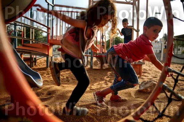 ילדים משחקים בגן שעשועים בירושלים, מהדהדים צלילים משמחים, ממדינת ישראל. שָׁמַיִם, גן שעשועים, מכשירי משחק בחוץ