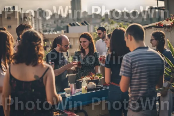 חברים מתכנסים למנגל על הגג, ממדינת ישראל. שָׁמַיִם, תְאוּרָה, קָהָל