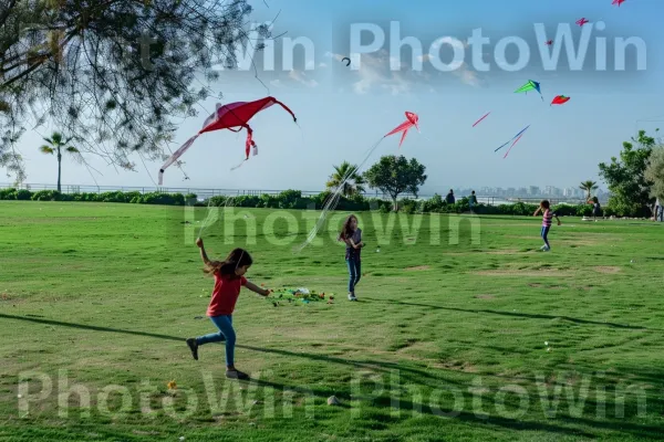 ילדים מעיפים עפיפונים בפארק שטוף שמש בחיפה, ממדינת ישראל. אנשים בטבע, משחק ספורט, צַעֲצוּעַ