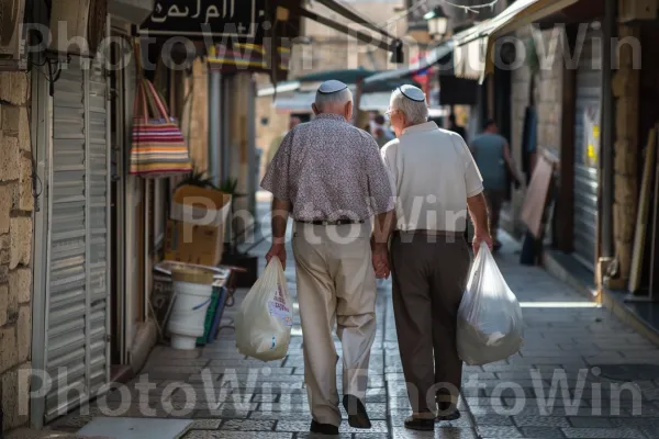 זוג מבוגרים מטייל ברחובות יפו, זכרונות משותפים, ממדינת ישראל. שְׁכוּנָה, מדרכה, סִמטָה