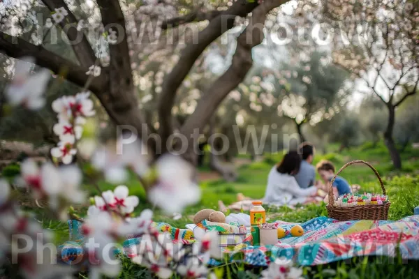 פיקניק משפחתי מתחת לשקדיה פורחת, ממדינת ישראל. צמח, ענף, שַׂמֵחַ