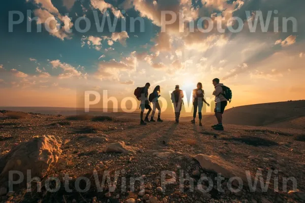 קבוצת חברים מטיילת במדבר הנגב, ממדינת ישראל. מחווה, שַׂמֵחַ, צילום פלאש