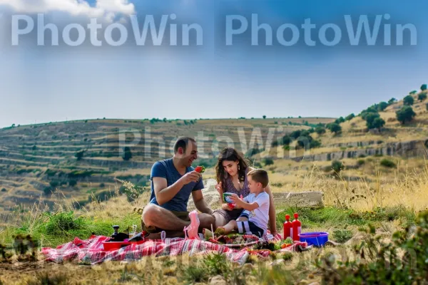 משפחה נהנית מפיקניק ברמת הגולן, ממדינת ישראל. אזור אקולוגי, אנשים בטבע, סביבה טבעית